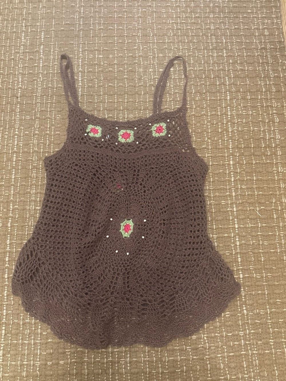 One Step up Brown Crochet Cami with Pink & Green Floral Accents